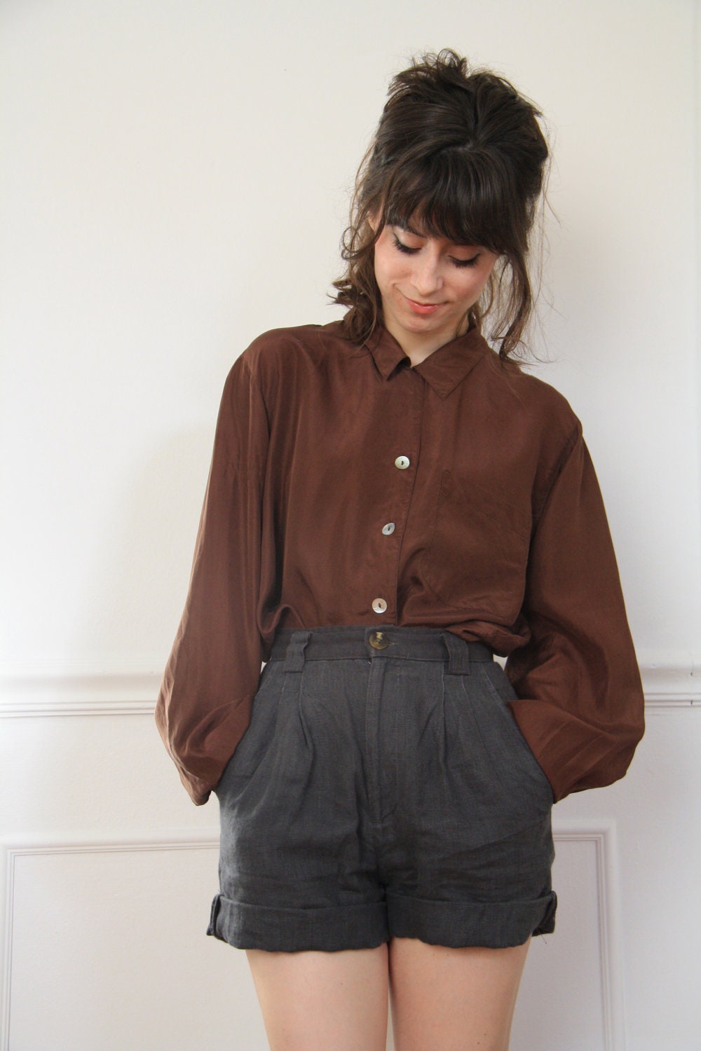 SALE Vintage 1990s Brown Silk Blouse