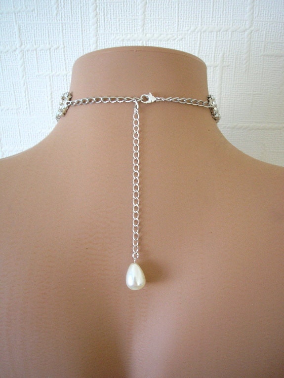 Bridal Necklace, Wedding Jewelry Set, Pearl Necklace, Backdrop, Rhinestone Choker, Handmade, Bridal Set, Necklace And Earrings