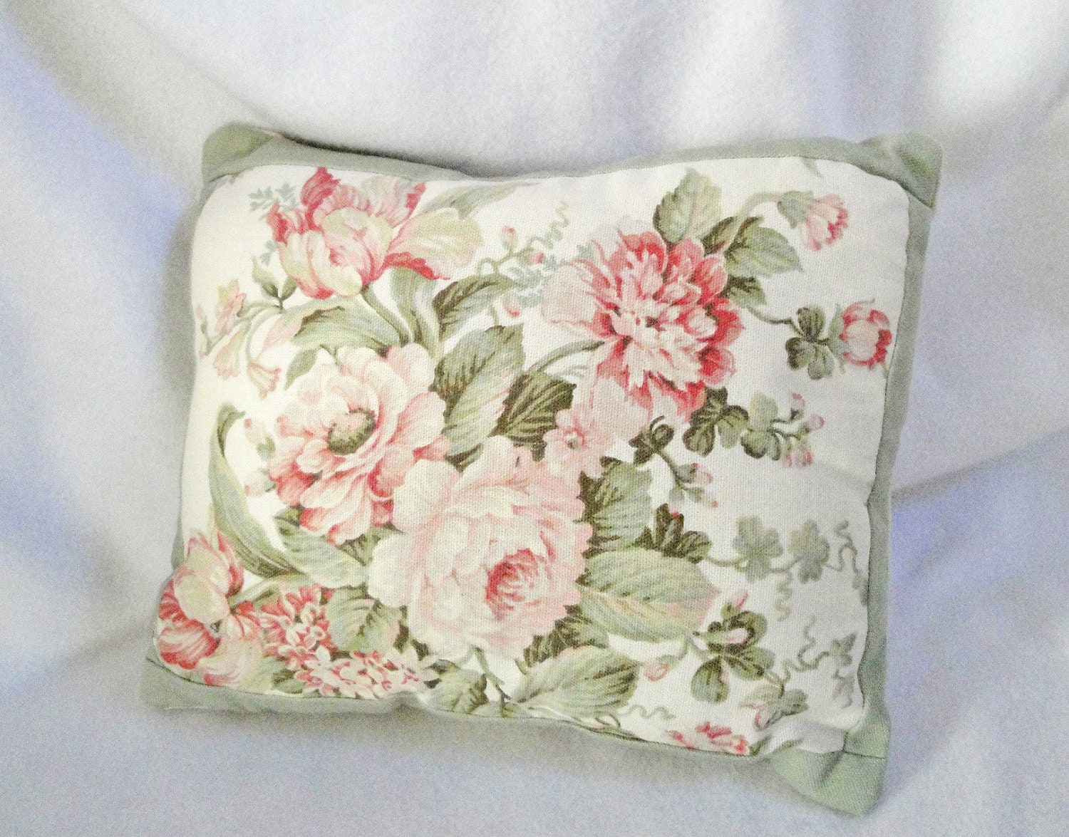 Cottage Shabby pillow, pastel rose flower, green, pink, romantic chic decor, 13 x 10 inches, muted colors, includes insert