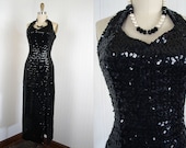 1950s Dress - Vintage 50s Black Paved in Sequins Halter Burlesque Red Carpet Gown S M - Torch Song
