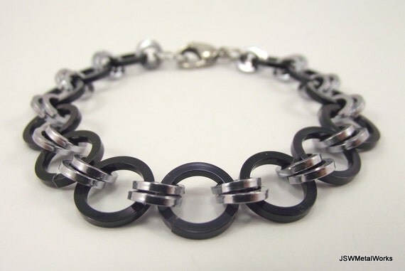 Unisex Japanese Weave Black and Silver Aluminum Bracelet, Chainmaille Bracelet, Chainmail Bracelet, Square Rings