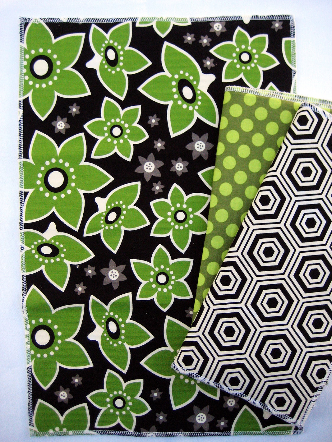 Burp cloth, set of 3, green floral and polka dot, ready to ship, RTS