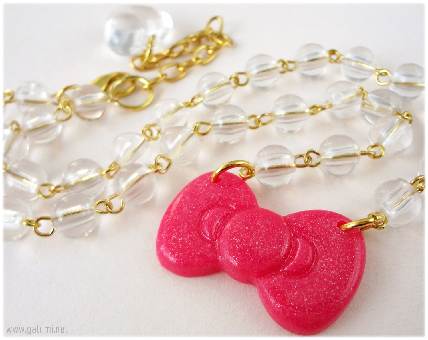 Glitter Pink Bow Choker, Beaded Transparent Chain, Gold Plated - Gyaru, Decora