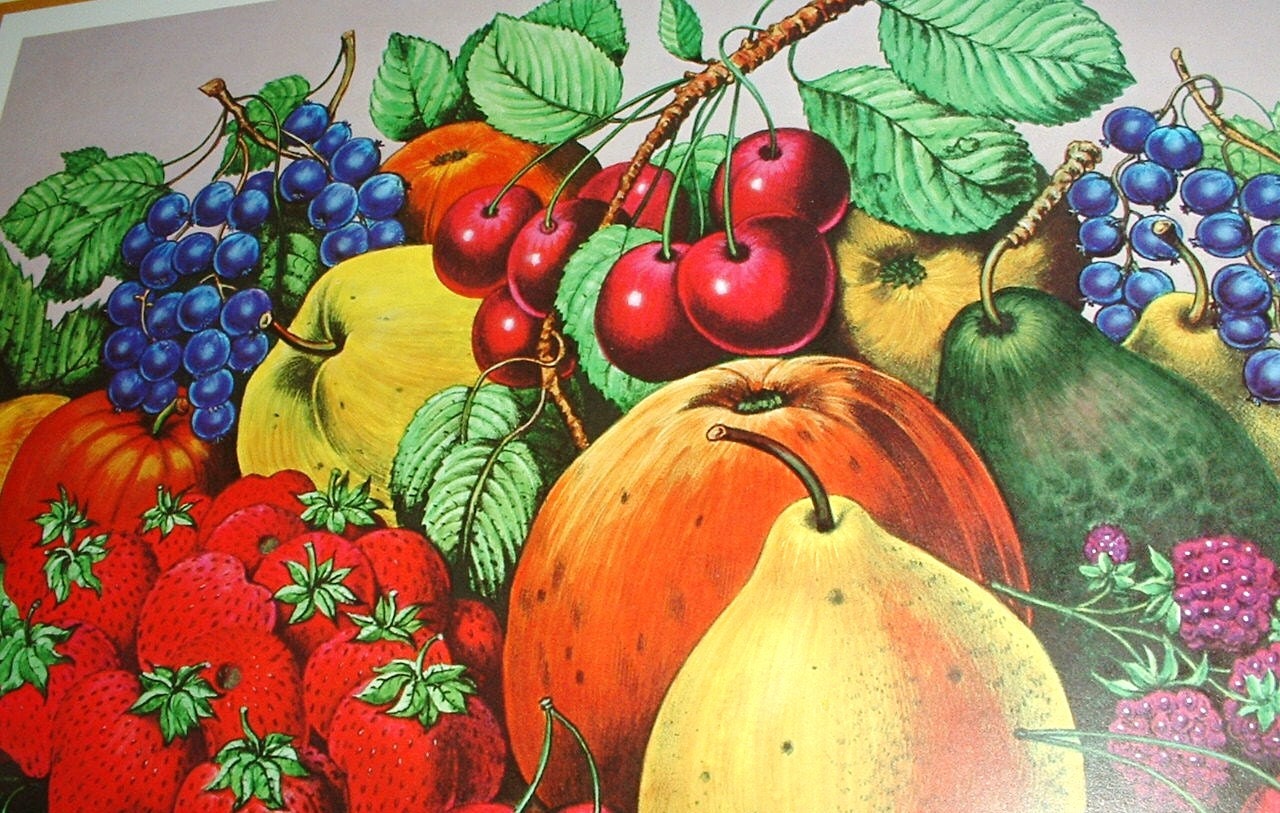 Set of 2 Currier & Ives Art Prints 1983 Fruit Cherries Grapes Vibrant Colors