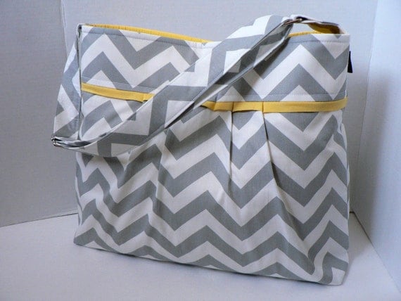 The Monterey Diaper Bag Large - In Grey Chevron and Yellow - Adjustable Strap and Elastic Pockets