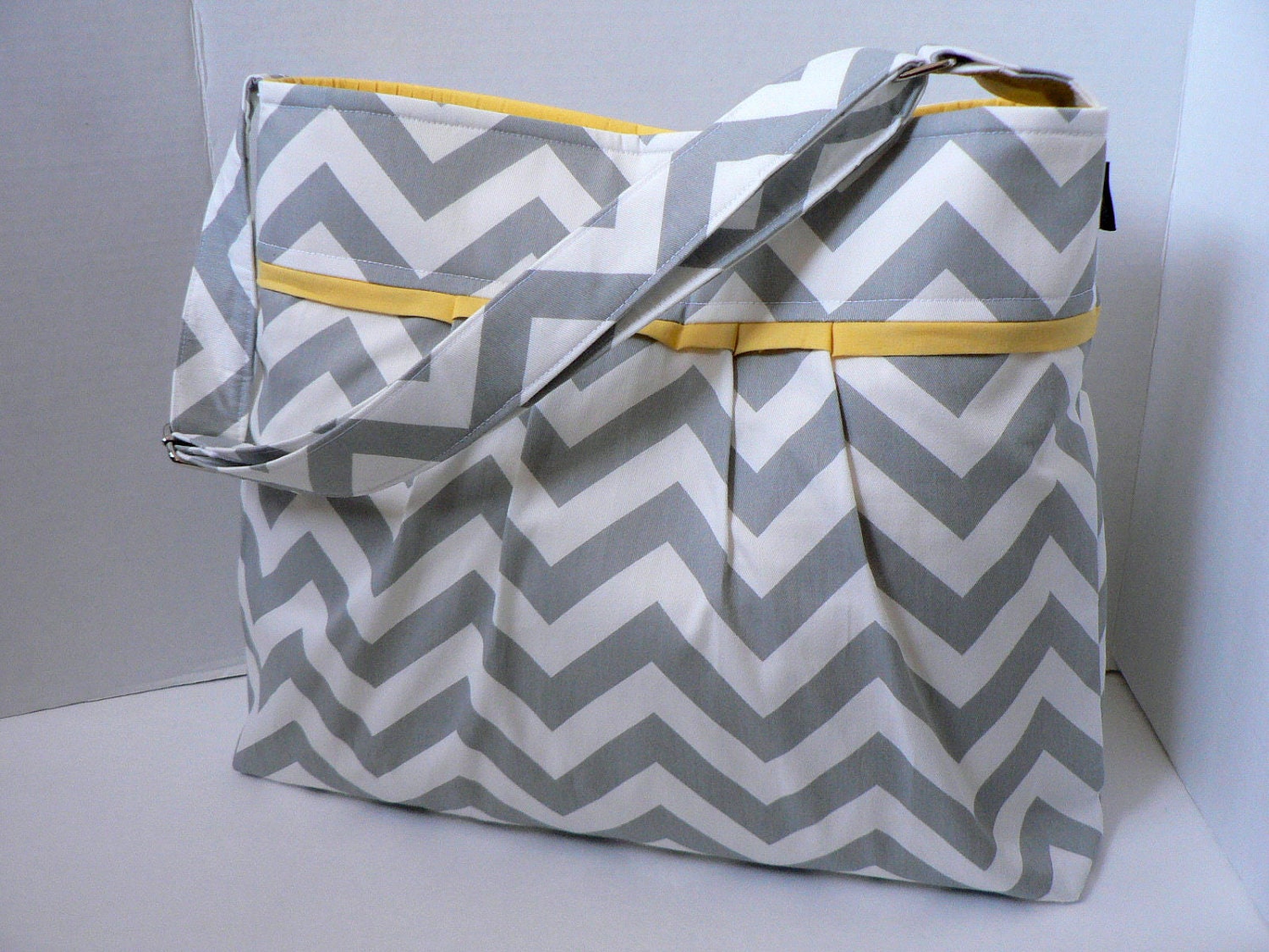The Monterey Diaper Bag Large - In Grey Chevron and Yellow - Adjustable Strap and Elastic Pockets