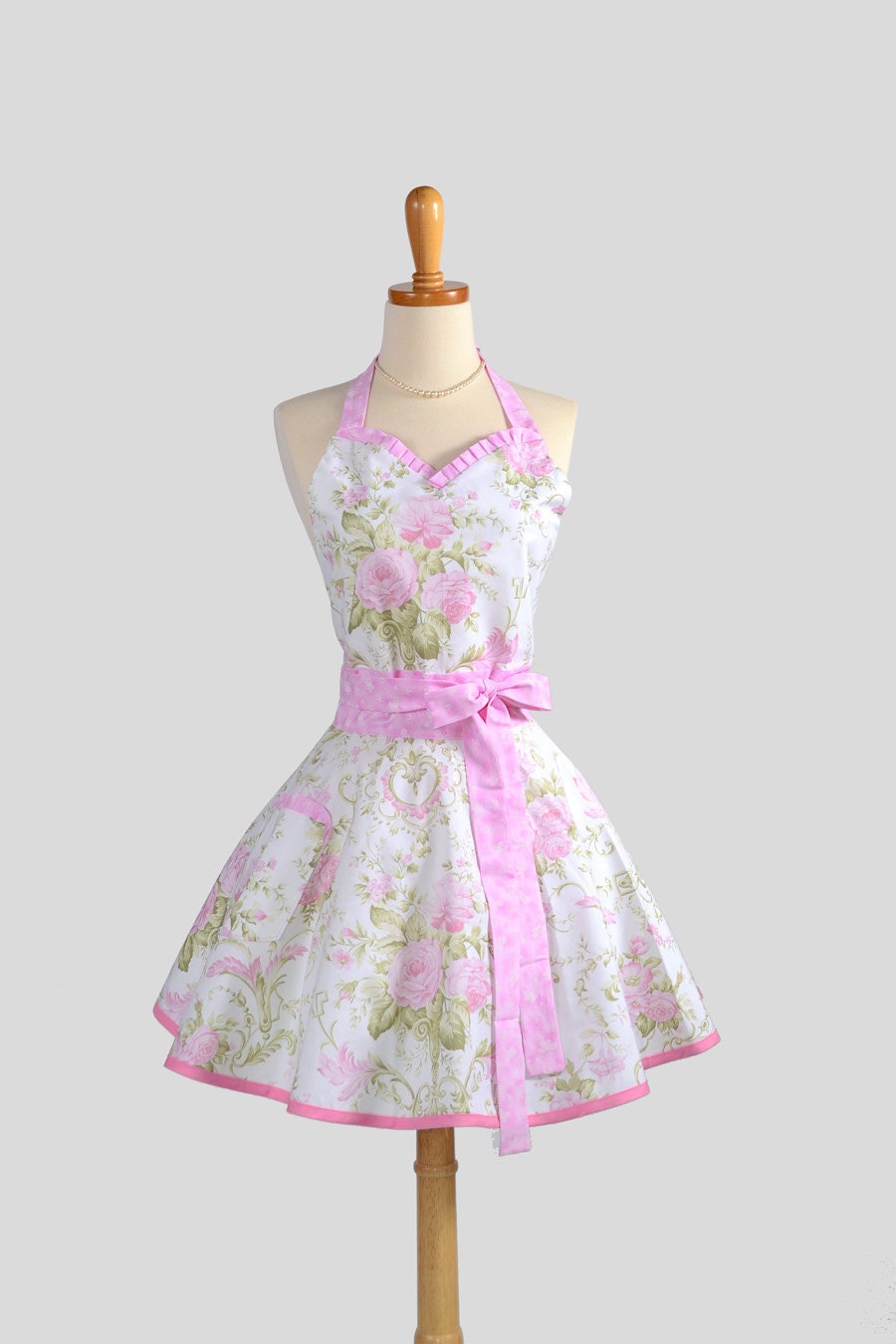 Sweetheart Retro Apron . Sexy Kitchen Apron Cute and Flirty Retro in Butterflies and Roses Pink and White