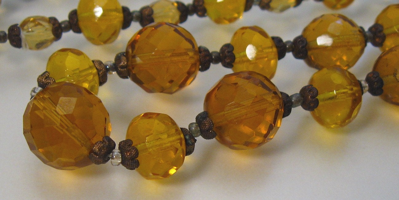 Vintage Necklace Amber Glass Faceted Beads - Long
