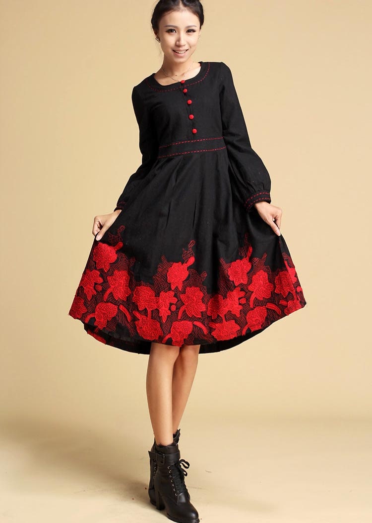 Embroidered wool dress with red Applique Maple Leaf  (316)