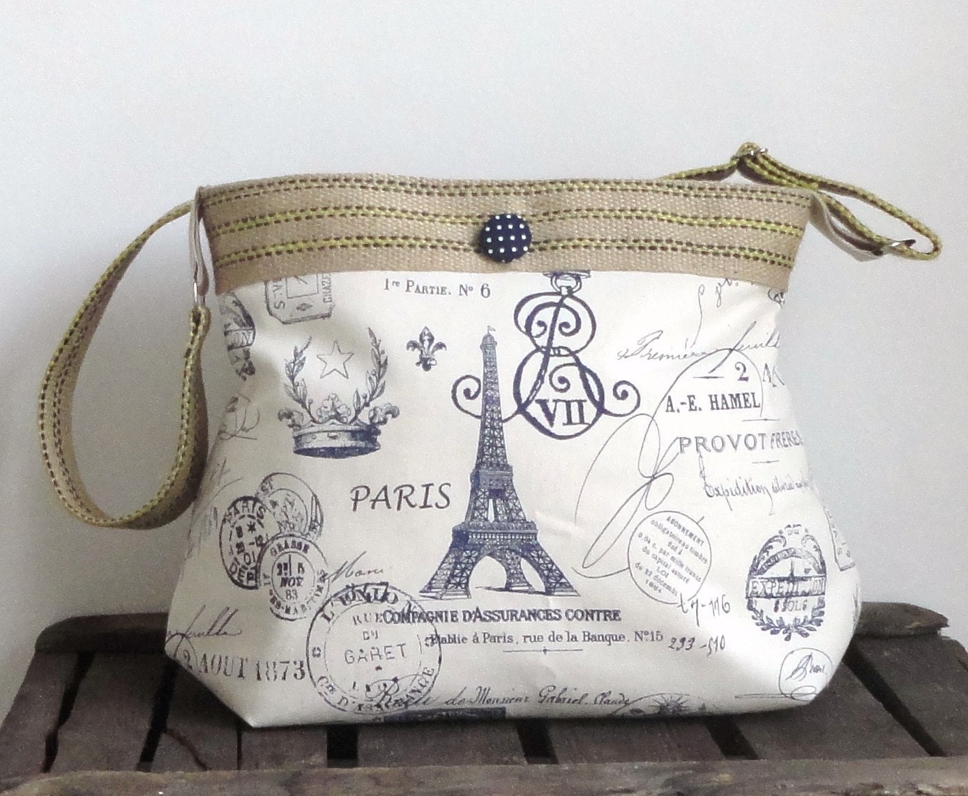 Everyday Bag / Messenger/ cross body bag French Eiffel tower navy blue and ecru diaper bag with burlap
