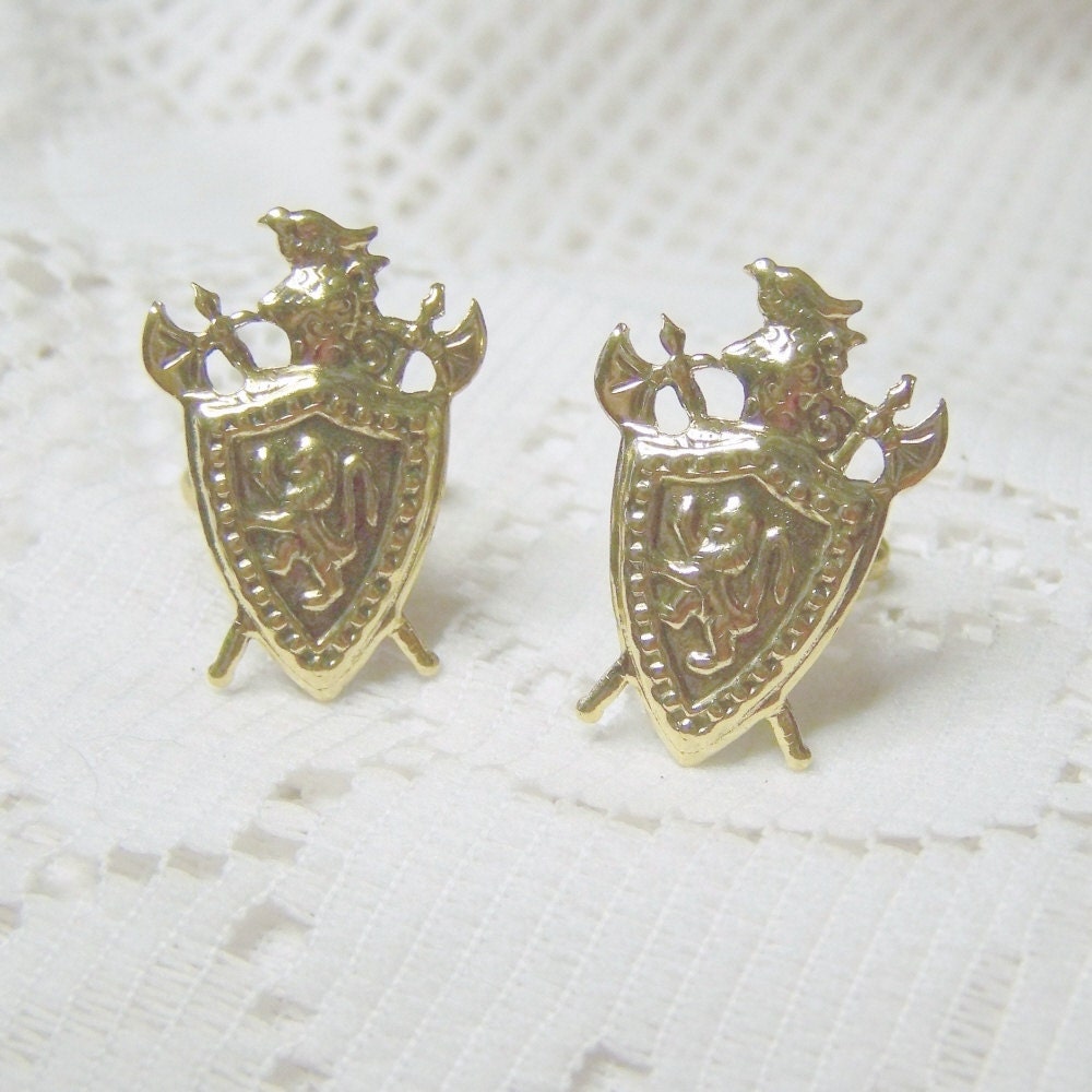 Lion Rampant - Gold Armor Shield Cuff Links - Medieval Knight - Scotland - Coat of Arms - Royal Crest - Renaissance Armour