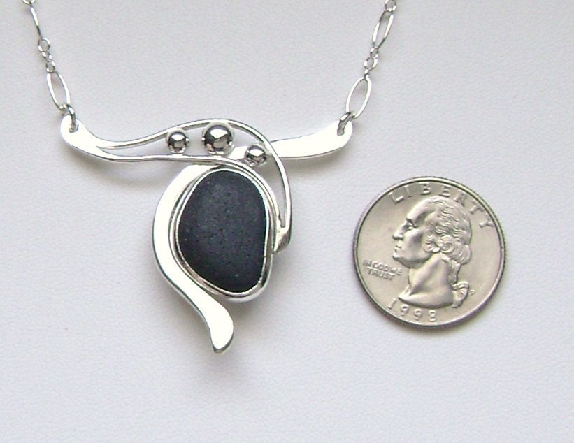Sea Glass Jewelry -Sterling Rare Black English Sea Glass Necklace