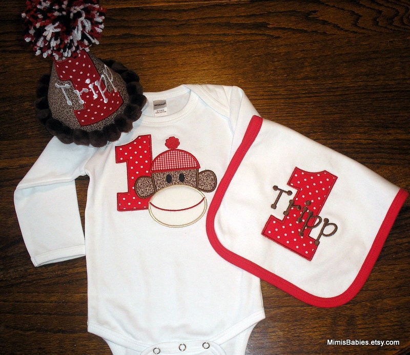 Sock Monkey Birthday Bib Red or Aqua