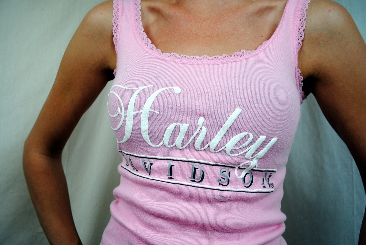 Vintage Pink 1990 Harley Davidson Motorcycle Lace Tank Top