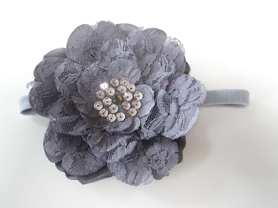 HUGE Headband Sale.Large Gray lace flower headband with sequin detail center