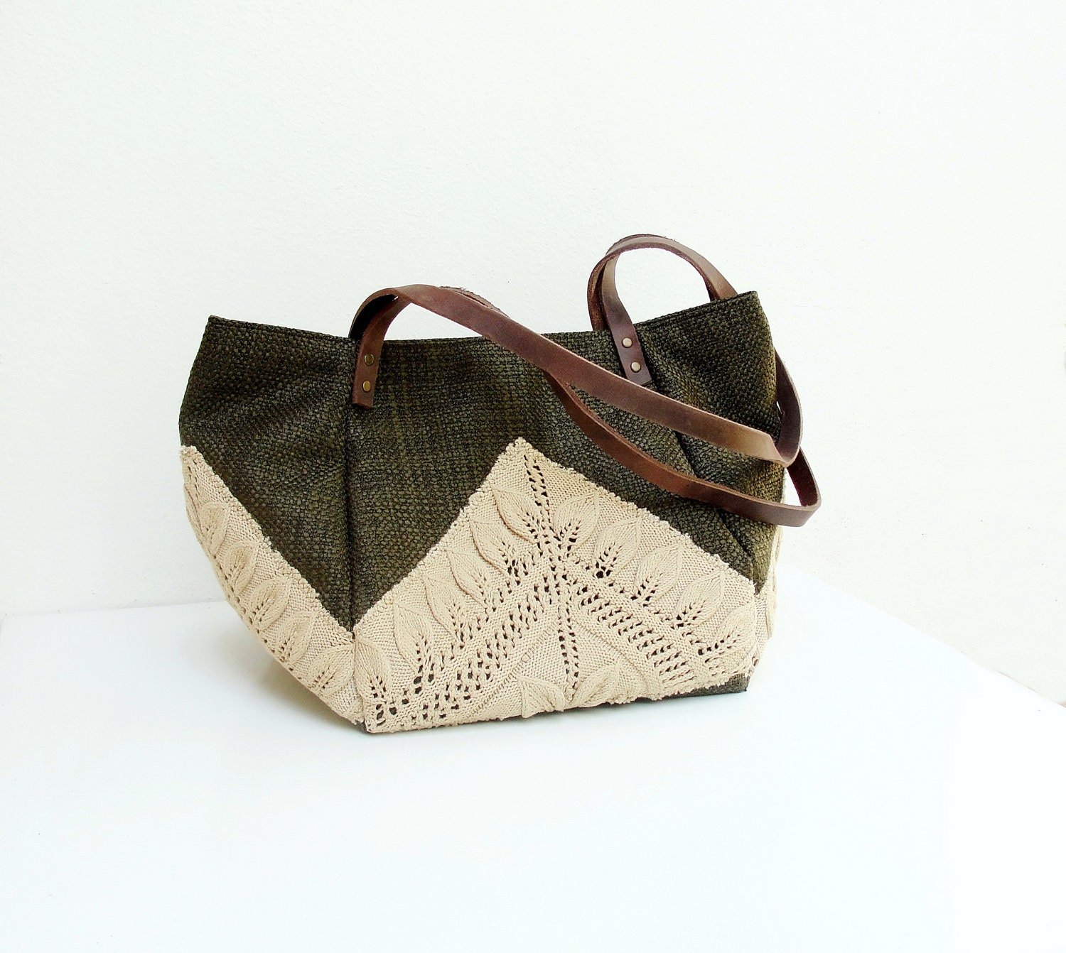 Good Old Times- Vintage Doily, Cotton and Leather Bag (Last One)