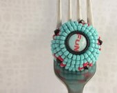 Ring, beadwoven in light turquoise, red and black, big, bold and chunky - afrikitten Ring, beadwoven in light turquoise, red and black, big, bold and chunky - afrikitten