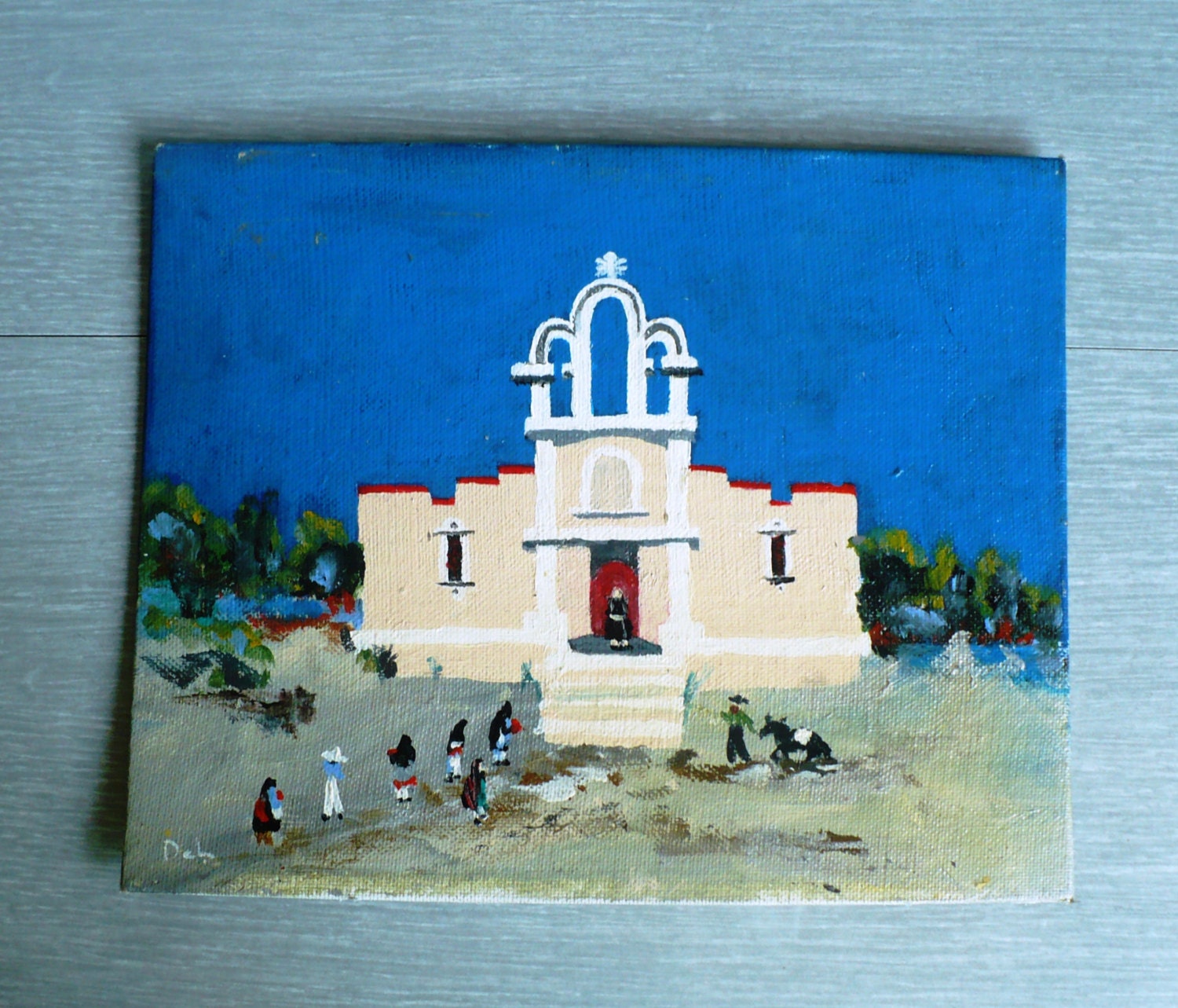 Original Painting Mission Iglesia Church Scene Southwestern Signed