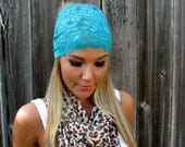 Wide Stretch Lace Headband in Teal Green