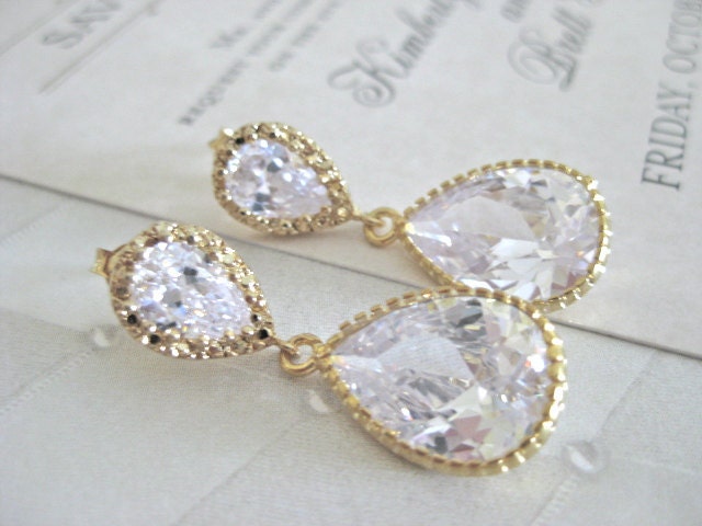Vintage Cubic Zirconia Teardrop Gold Earrings Bridal Party Wedding Jewelry