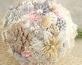 Brooch Bouquet Jeweled Bouquet in Blush Pink, Ivory, Champagne and Grey Vintage Inspired French Beaded Flowers