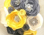 Brooch Bouquet  Wedding Bouquet in Yellow, Steel Gray and Ivory with Handmade Flowers and Brooches
