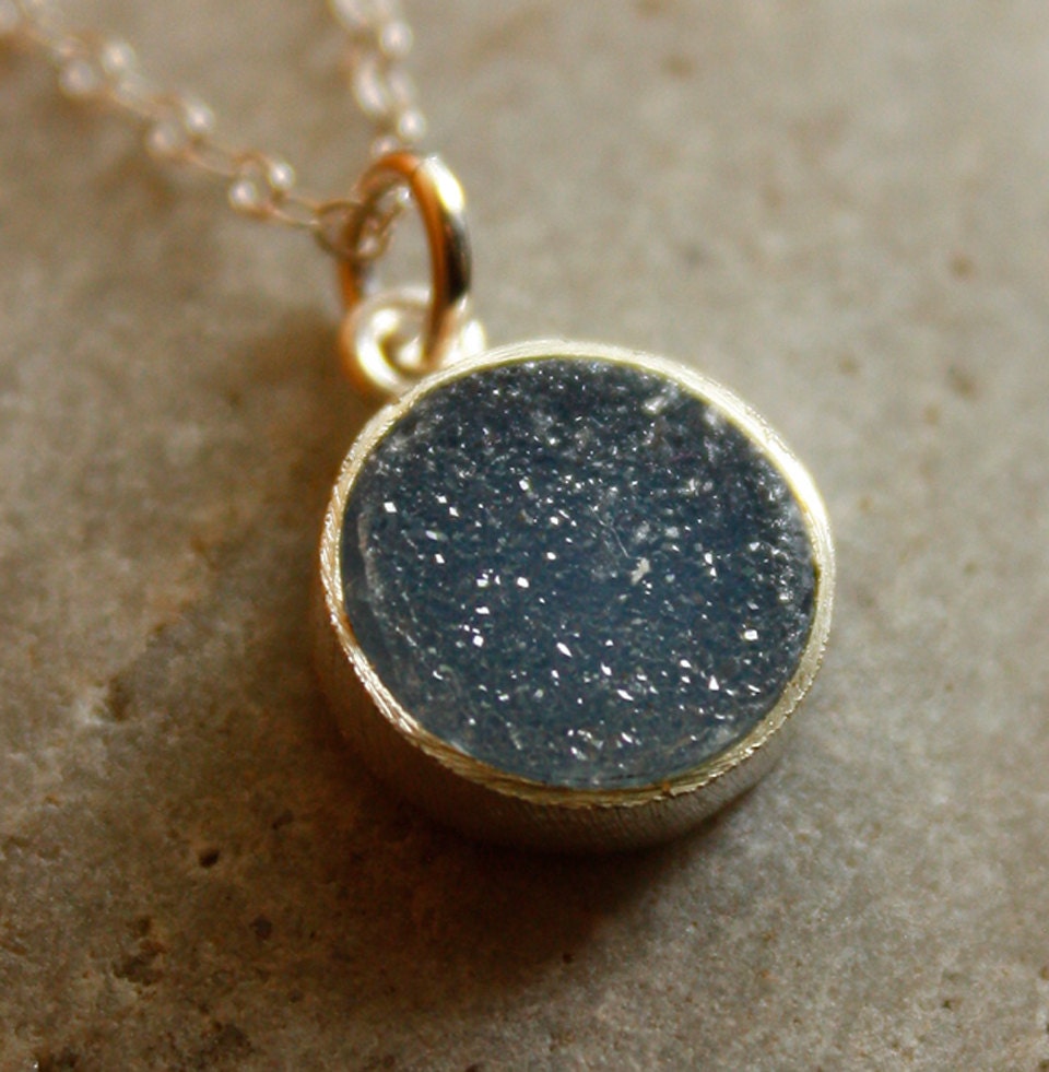 Black and Charcoal Grey Agate Druzy Necklace - Stardust Sparkles - Small Bezel Necklace, Sterling Silver