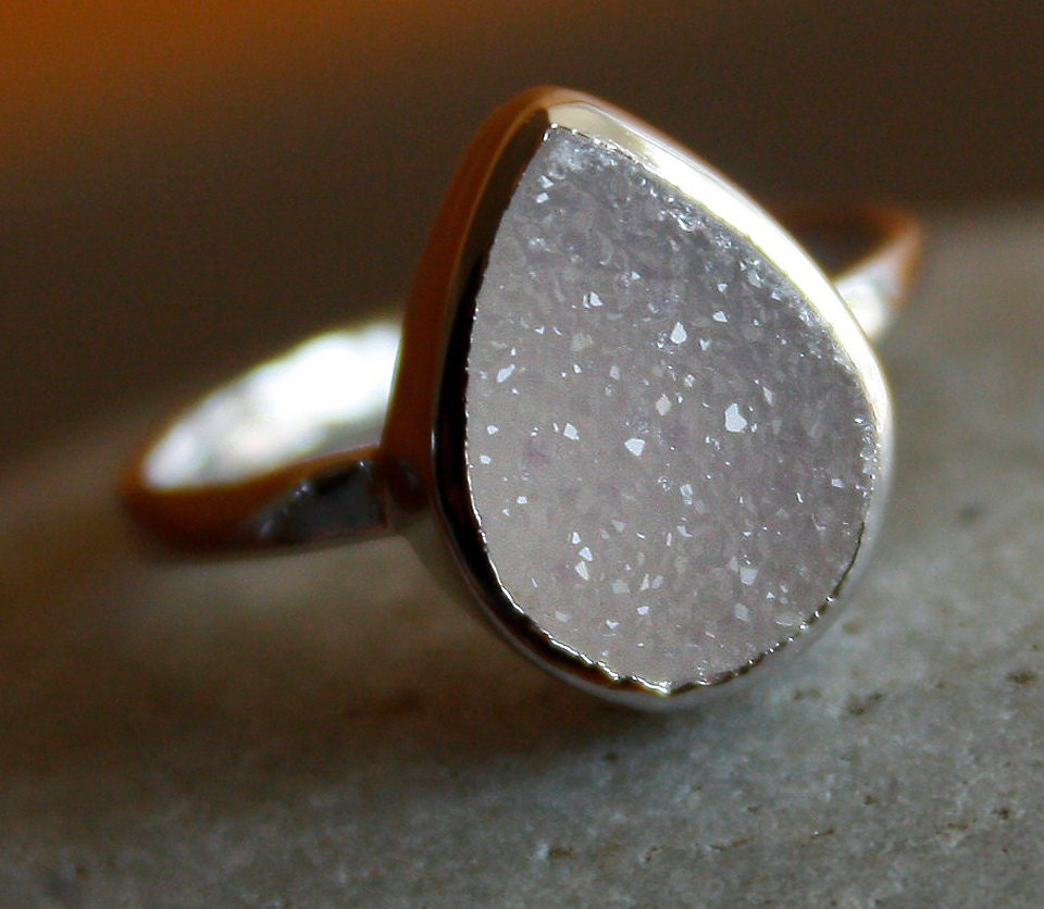 Silver White Agate Druzy Ring - Teardrop - Sterling, Stacking Ring