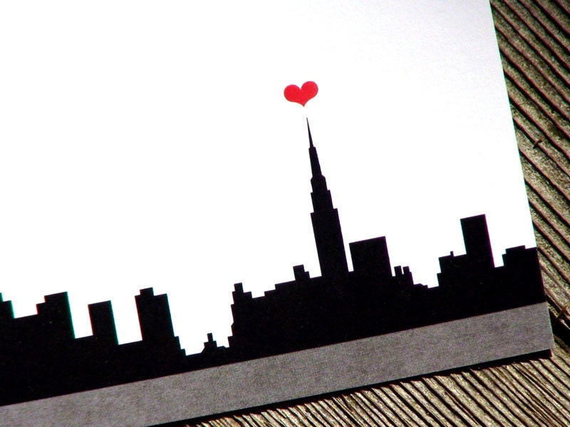 New York City Personalized Stationery With Red Heart - I Love New York Skyline Thank You Notes - NYC Flat Cards - Set of 10