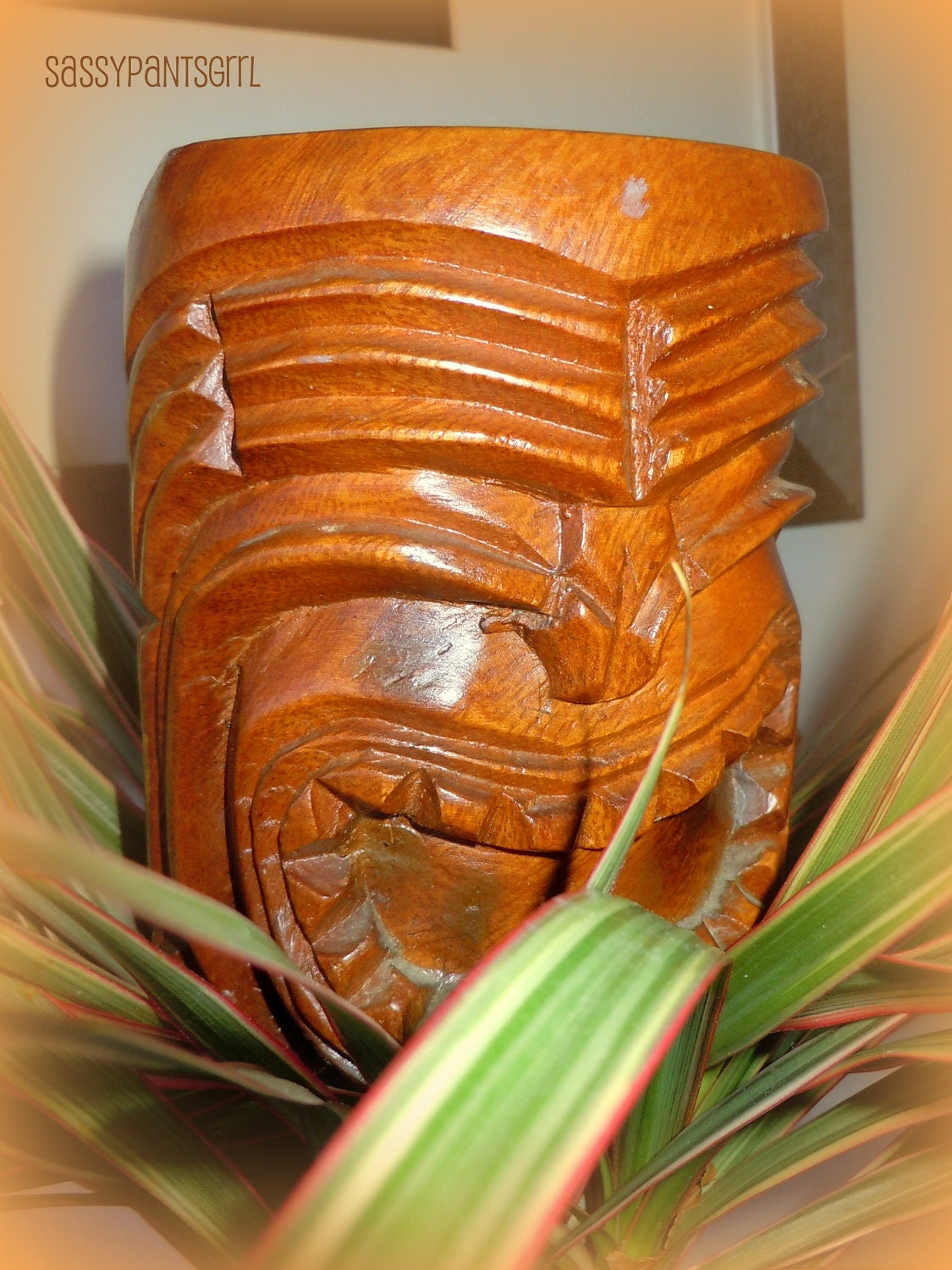 Vintage Large CARVED TIKI MUG -- Hand Carved Monkey Pod Wooden Collectible