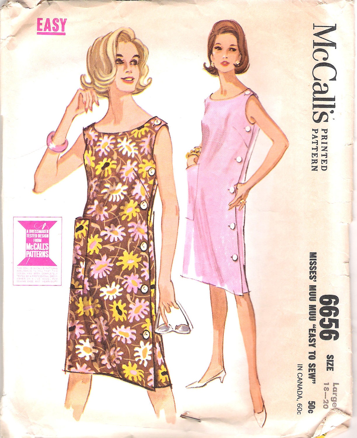 SIDE BUTTON Vintage 60s Dress Pattern Muu Muu Sheath Shift McCalls 6656 size 18 20