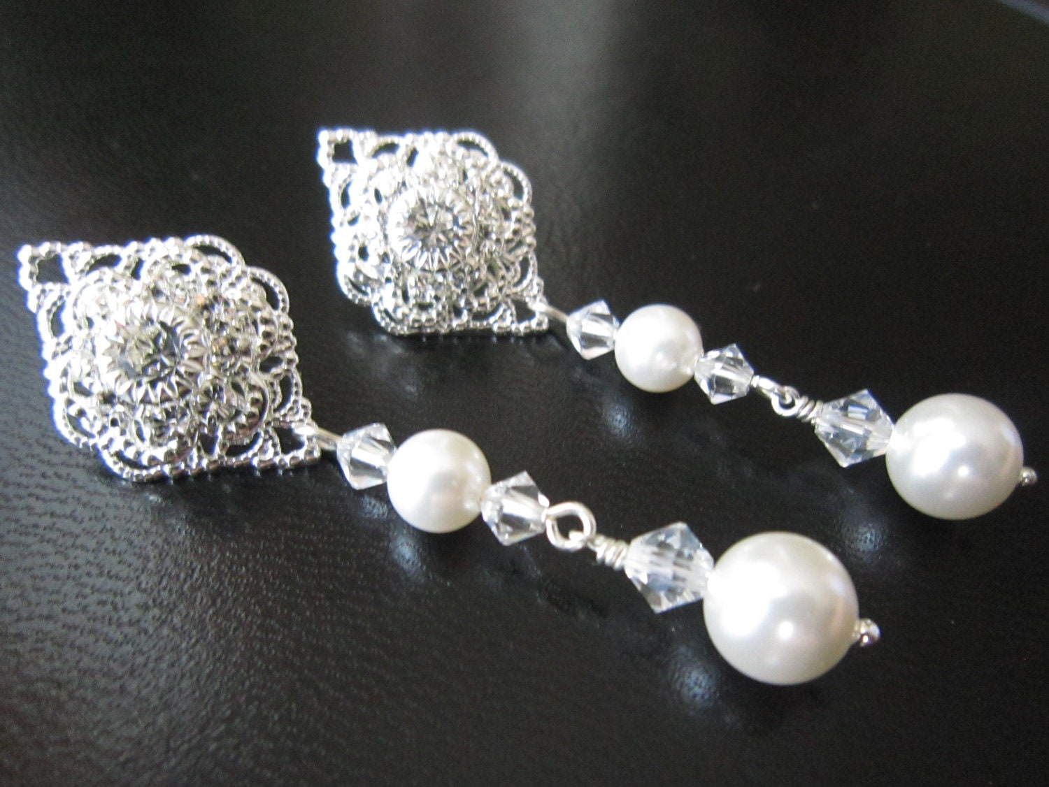 Giana Earrings - Wedding Jewelry Bridal Swarovski Earrings Crystal Pearl Rhinestone Flower Post Dangle Drop Filigree Silver