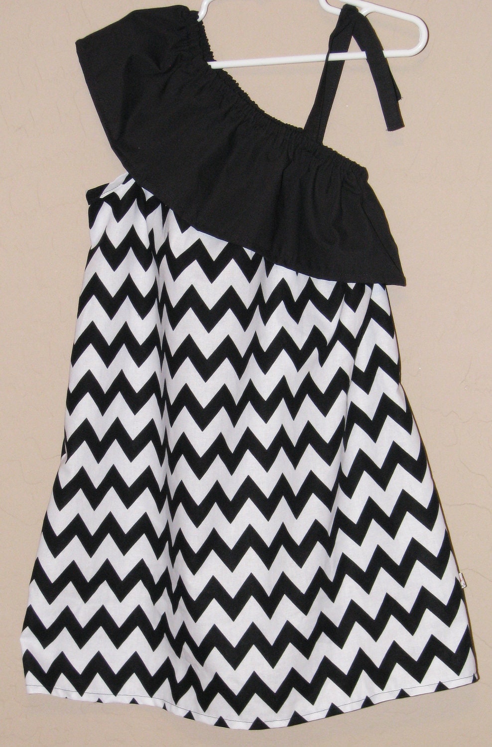 Ruffled One Shoulder Chevron Dress - Baby Toddler Girl Designer Cotton Dress - Black White Zig Zag - Perfect for Summer Back to School