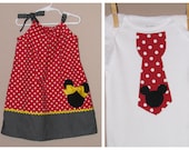 Disney Brother Sister Set - Baby Toddler Girl Boy -Dress and Tie Shirt - Red Black -Perfect for Disney Trips - Traditional Mickey Minnie