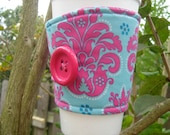 Coffee Cup Cozy Fabric Pink and Blue Damask Pattern