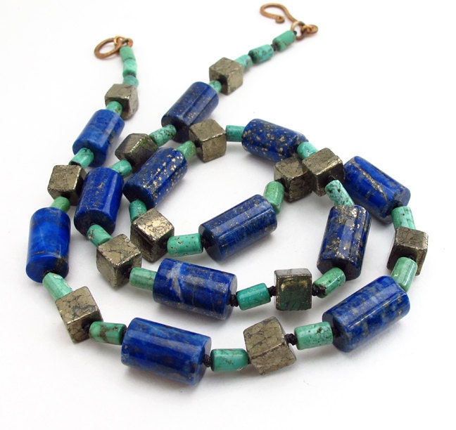 Lapis Lazulii Turquoise Pyrite Elements Necklace Bronze Hand Strung