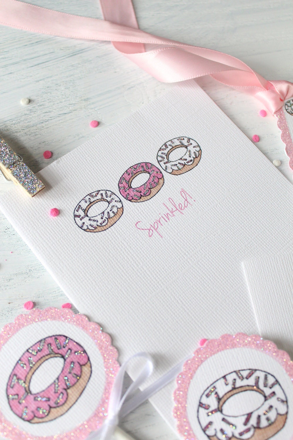 Sprinkled Donuts invitations, note cards, cupcake flags, gift tags