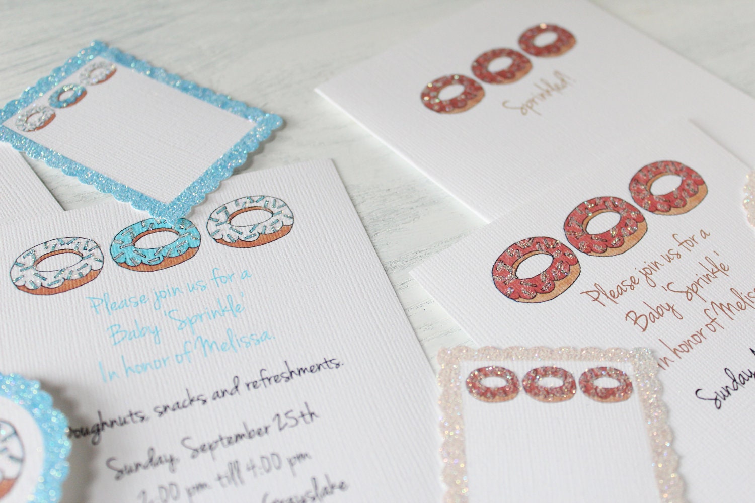 Sprinkled Donuts invitations, note cards, cupcake flags, gift tags