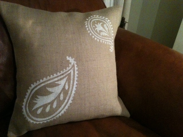 Burlap pillow cover with white paisley print 18 x 18 inches