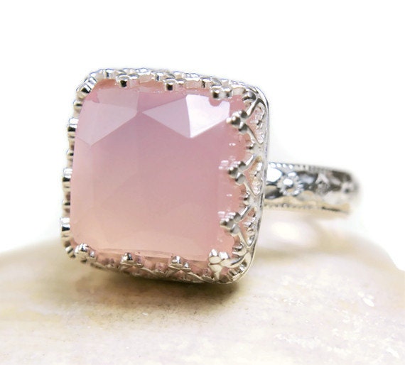 Chalcedony Ring Sterling Silver Natural Pink Stone Rose Cut Hanmade-made to order in your size