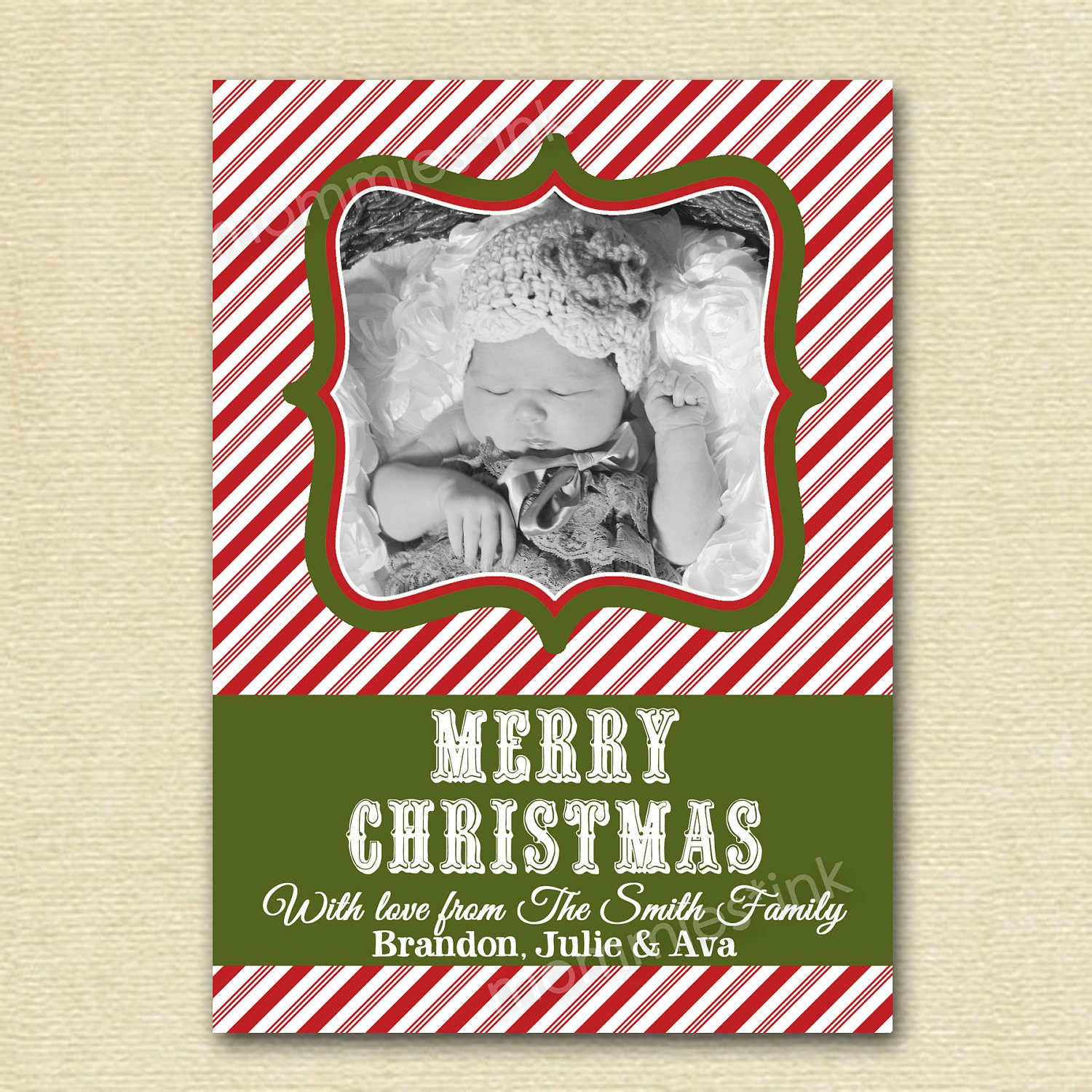 Peppermint Stripe Photo Christmas Card - Red or Green Option - PRINTABLE CARD DESIGN Il_570xn