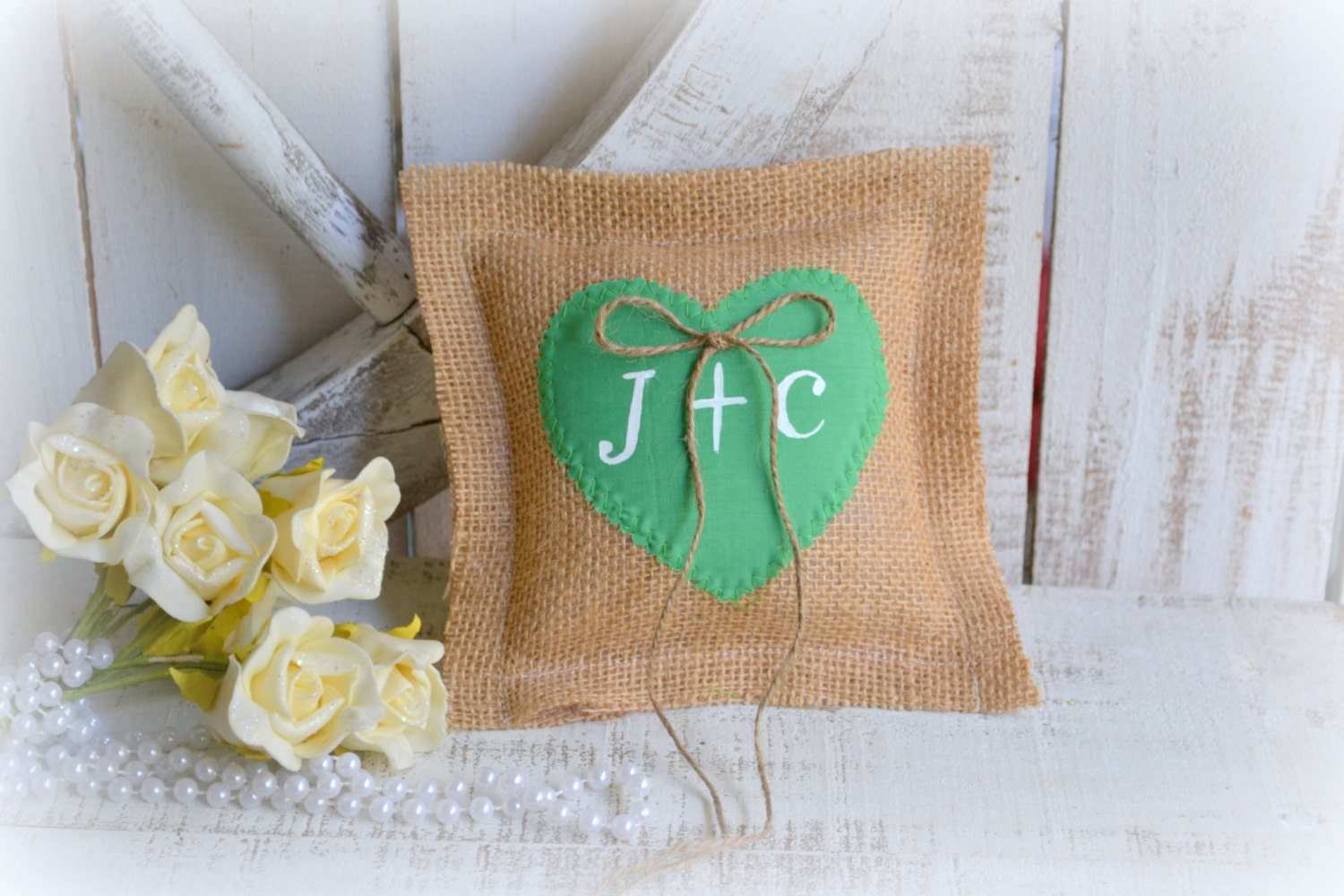 Burlap pillow with green heart customized your initials