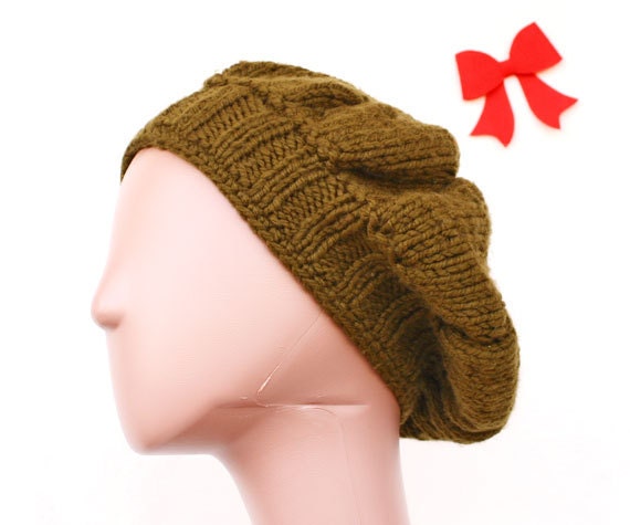 Olive Green French Beret with Red Felt Ribbon Pin