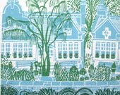 Almshouses linocut print.