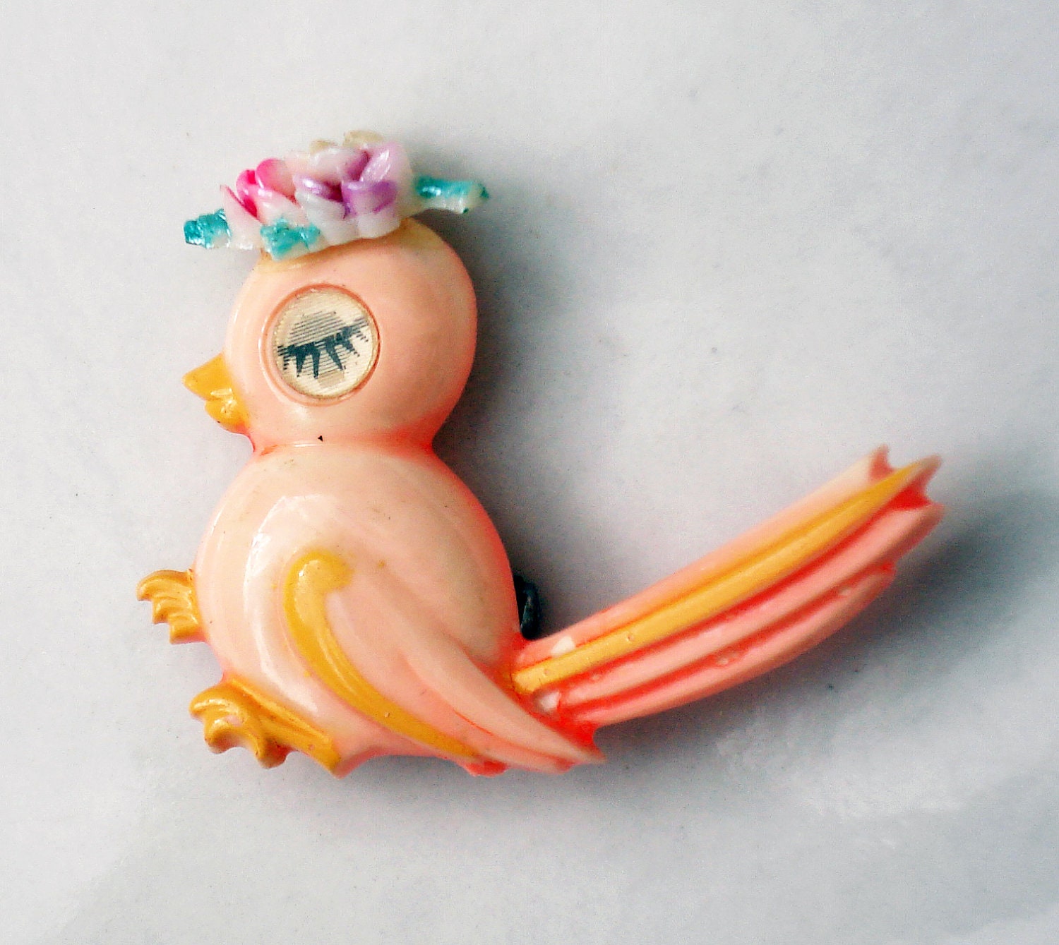 Retro Painted Celluloid Bird Brooch with Lenticular Eye