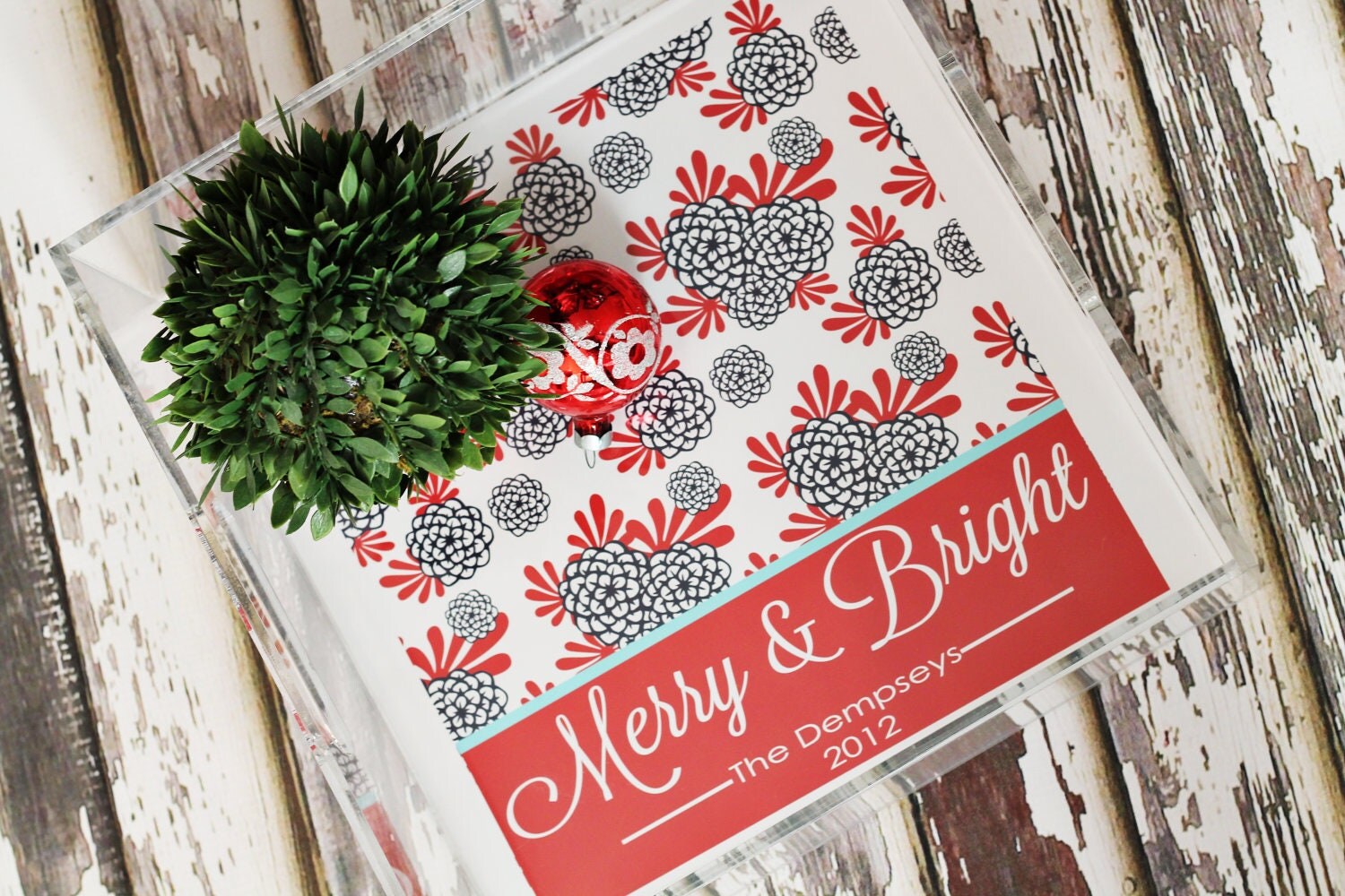 Lucite Tray Acrylic - Modern Floral Christmas Holiday 12x12 Tray - By A Blissful Nest - Personalized Il_570xn