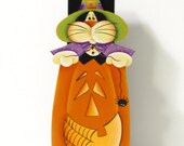 Cat and Pumpkin Note, Photo, Memo Holder,  Handpainted Home Decor, Shelf Sitter