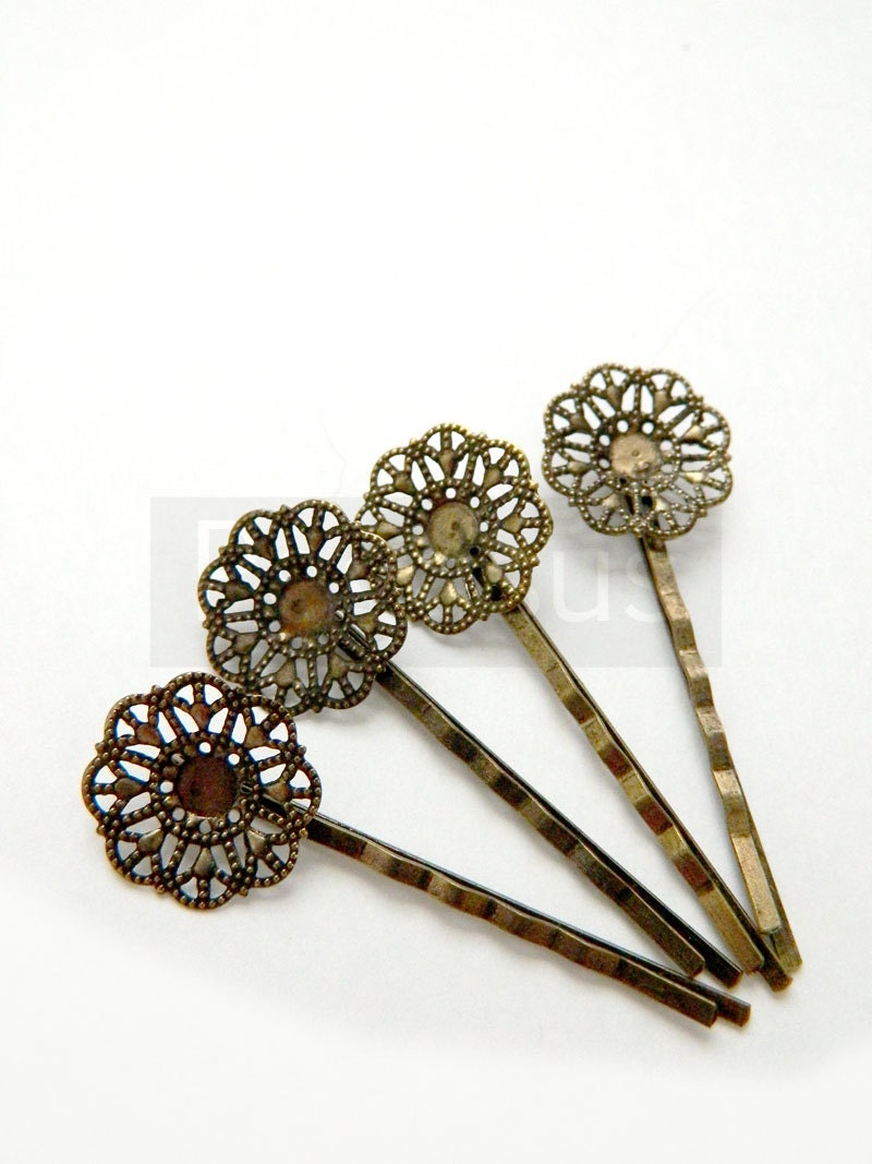 Bronze Metal Petal Filigree Bobby Pin (2 PIECES)(3 inches long) Base Setting  DIY supplies for hair clip craft