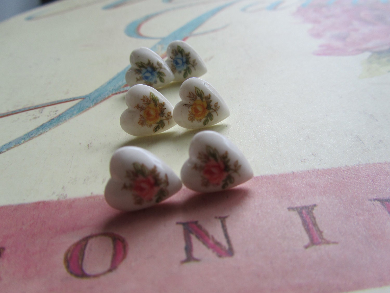 Vintage Ceramic Heart Rose Earrings, Small Vintage Stud Earrings, You choose color, perfect bridesmaid gifts, flower girls, vintage wedding