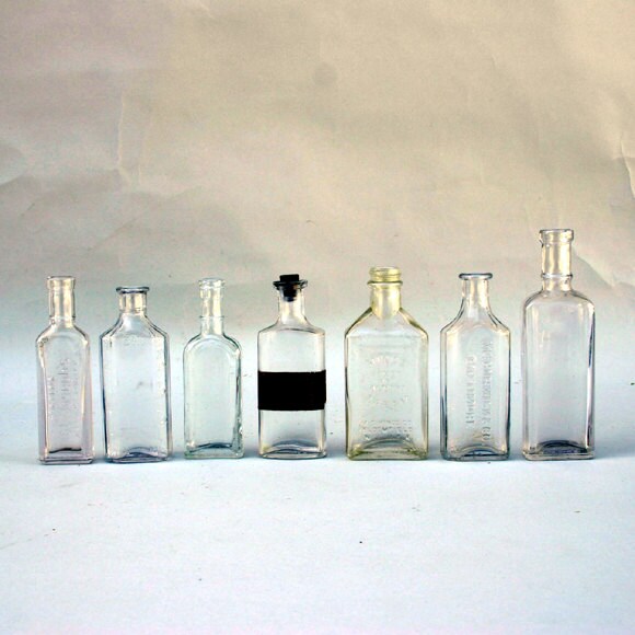 7 Vintage Apothecary Bottles / Vintage Clear Medicine Bottles